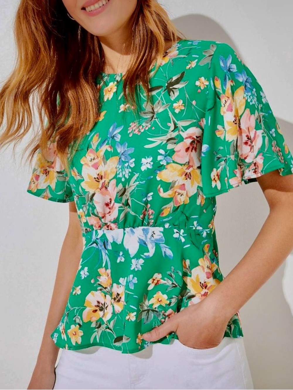 Sz 16 Loft Green Floral Wildflower Flutter-Sleeve Peplum Shirt